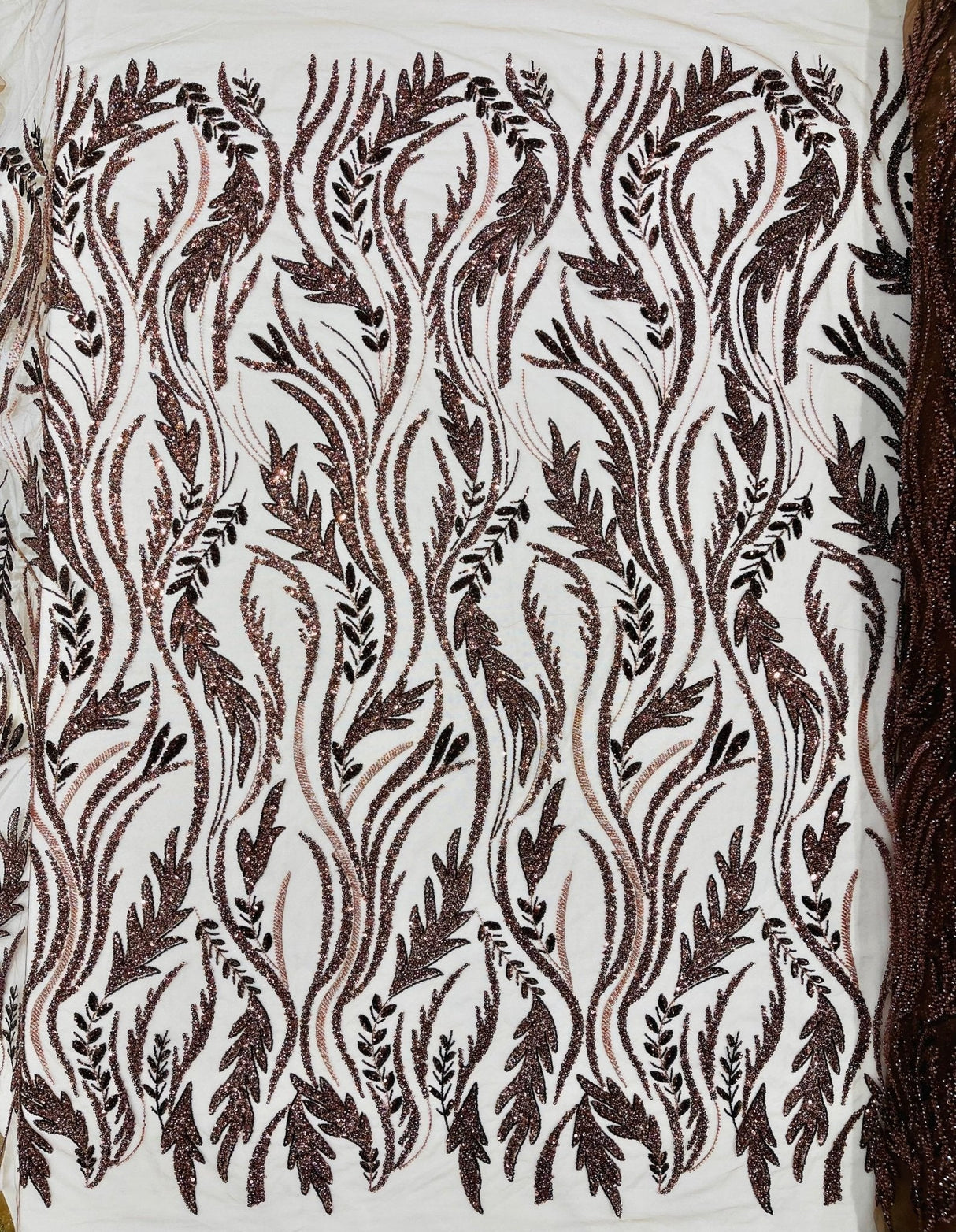 Luxury Festival Beaded Vine Lace Polyester Fabric - Heavy Beaded Mesh Lace, Double Scalloped, 50-54" Width (1 Yard)