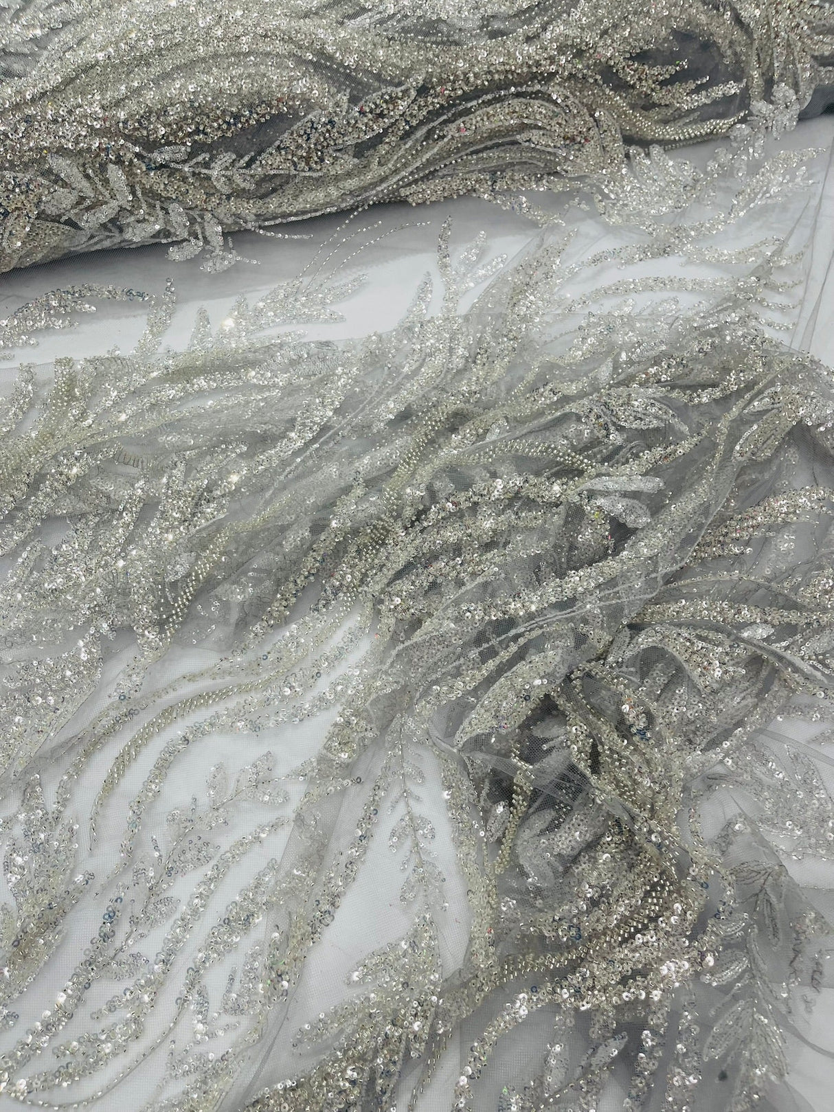 Luxury Festival Beaded Vine Lace Polyester Fabric - Heavy Beaded Mesh Lace, Double Scalloped, 50-54" Width (1 Yard)