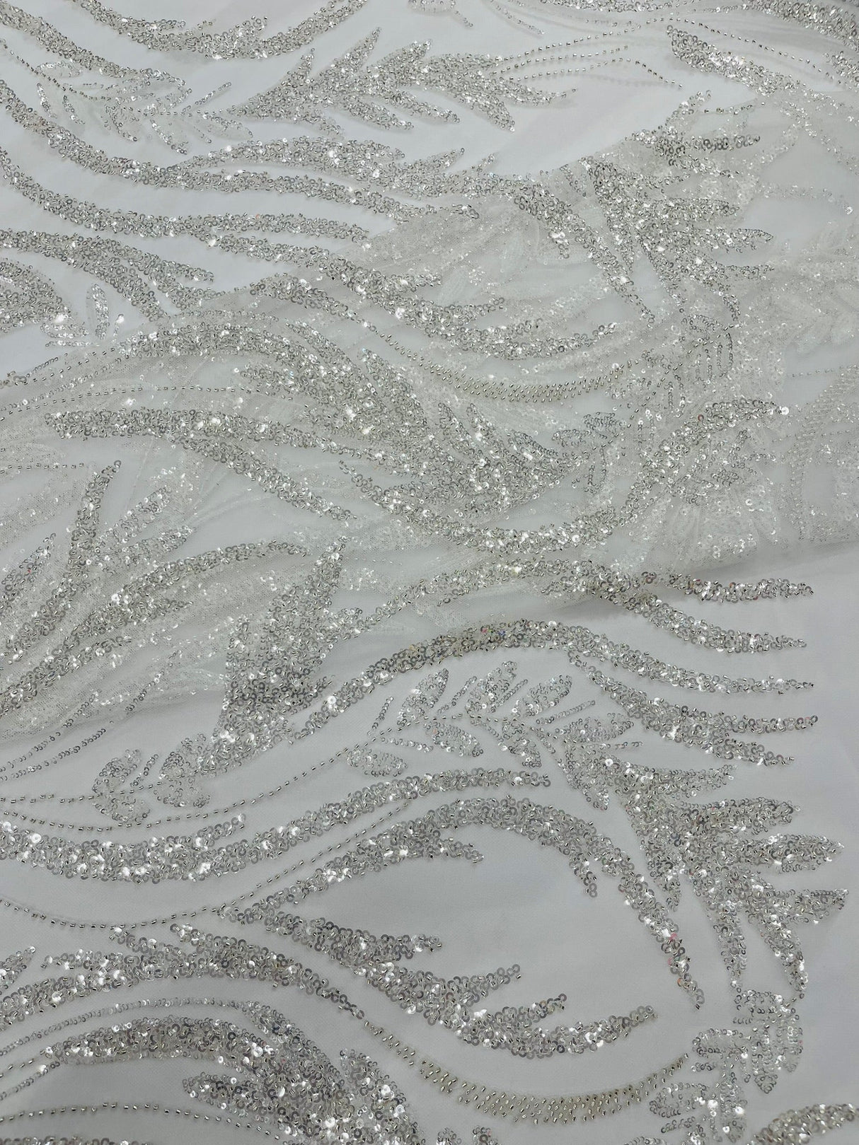 Luxury Festival Beaded Vine Lace Polyester Fabric - Heavy Beaded Mesh Lace, Double Scalloped, 50-54" Width (1 Yard)