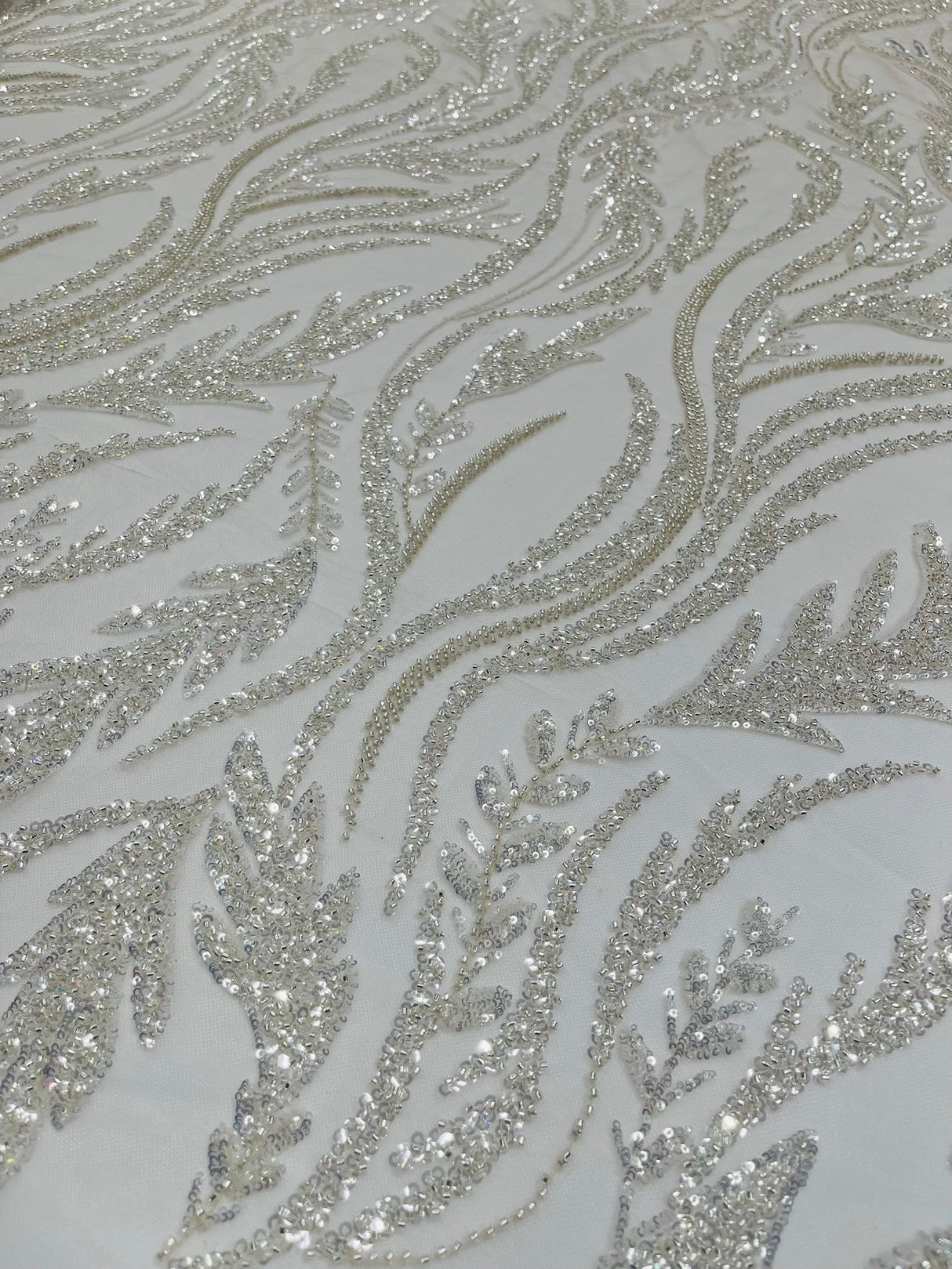 Luxury Festival Beaded Vine Lace Polyester Fabric - Heavy Beaded Mesh Lace, Double Scalloped, 50-54" Width (1 Yard)