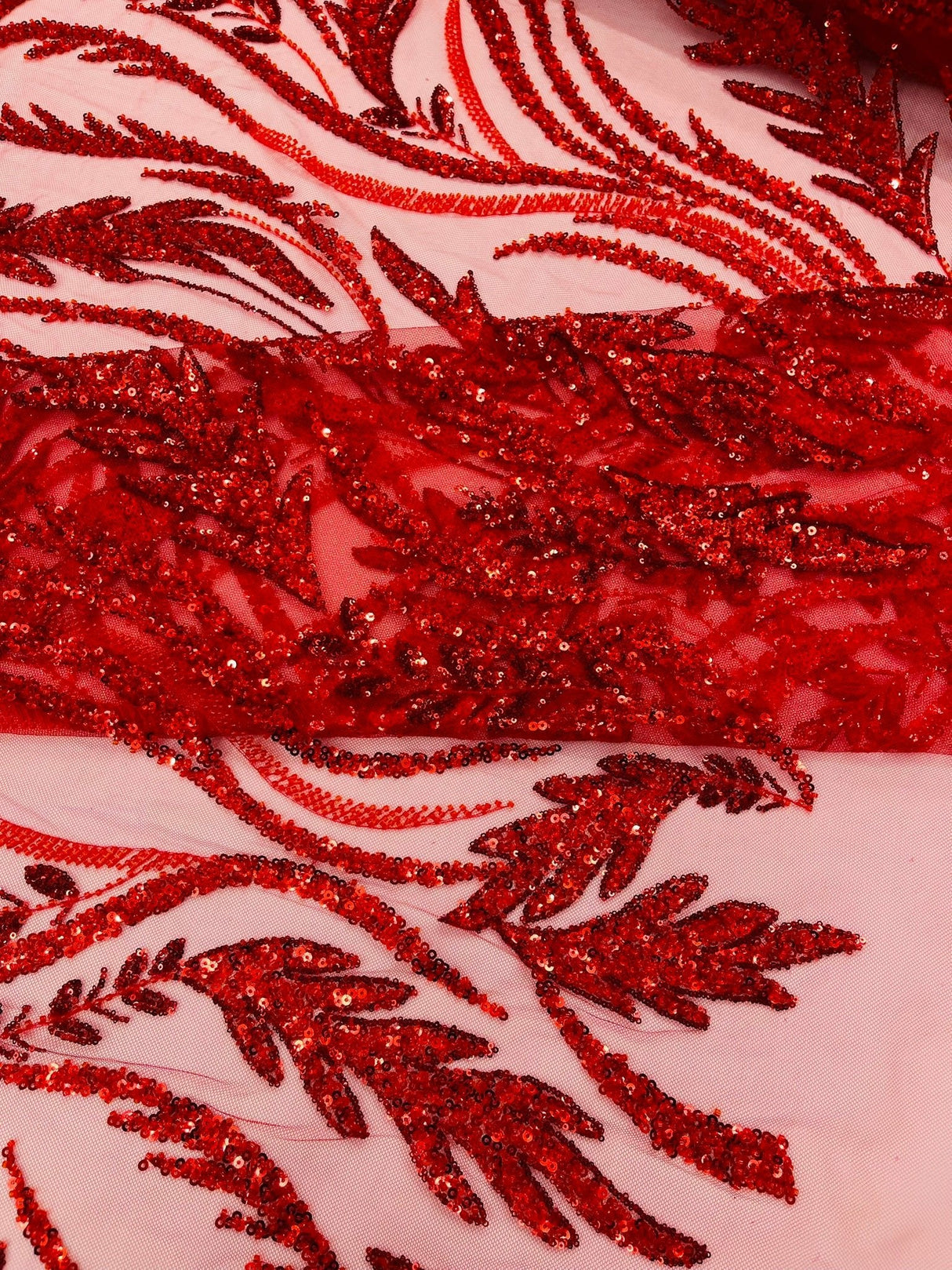 Luxury Festival Beaded Vine Lace Polyester Fabric - Heavy Beaded Mesh Lace, Double Scalloped, 50-54" Width (1 Yard)