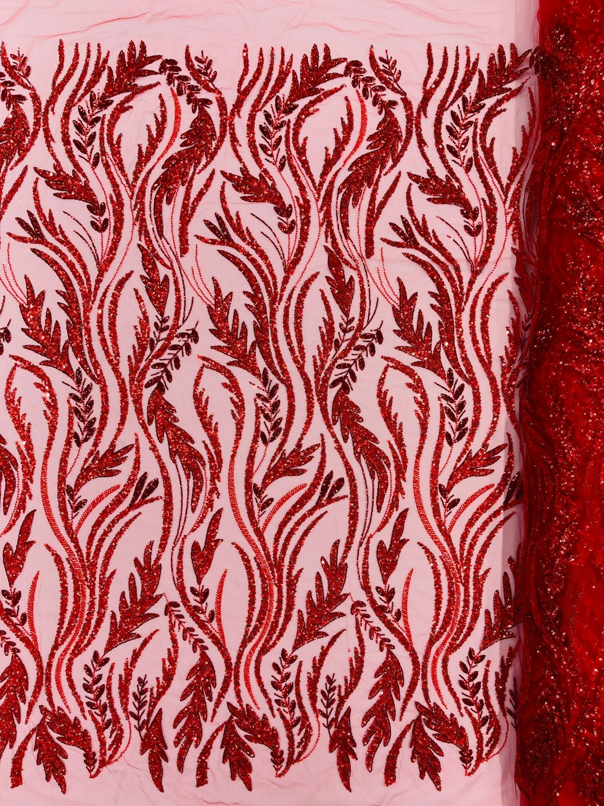 Luxury Festival Beaded Vine Lace Polyester Fabric - Heavy Beaded Mesh Lace, Double Scalloped, 50-54" Width (1 Yard)