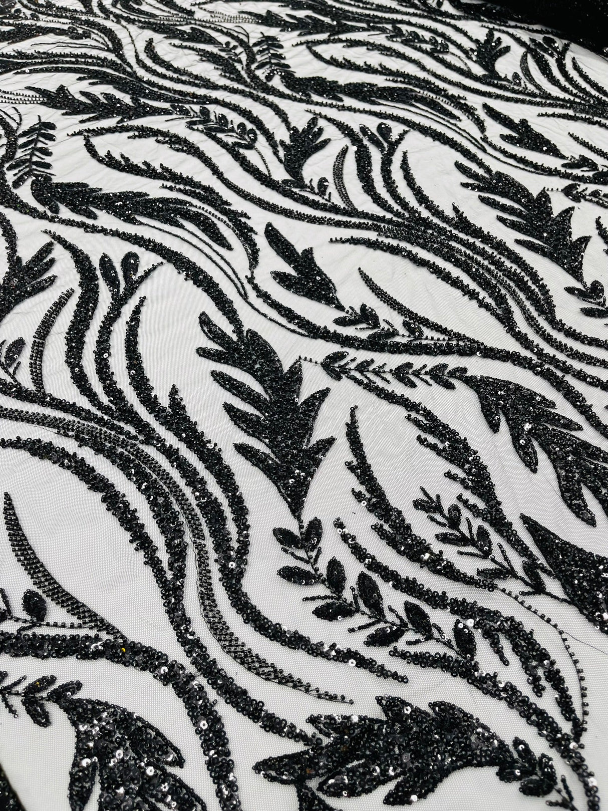 Luxury Festival Beaded Vine Lace Polyester Fabric - Heavy Beaded Mesh Lace, Double Scalloped, 50-54" Width (1 Yard)