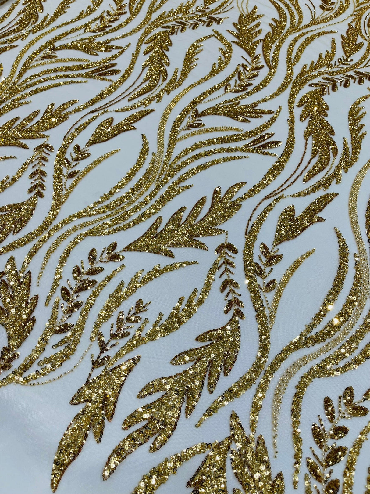 Luxury Festival Beaded Vine Lace Polyester Fabric - Heavy Beaded Mesh Lace, Double Scalloped, 50-54" Width (1 Yard)
