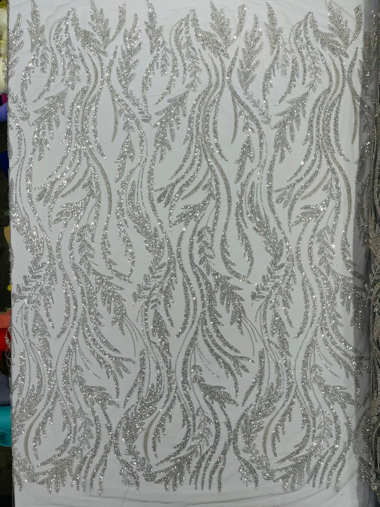 Luxury Festival Beaded Vine Lace Polyester Fabric - Heavy Beaded Mesh Lace, Double Scalloped, 50-54" Width (1 Yard)