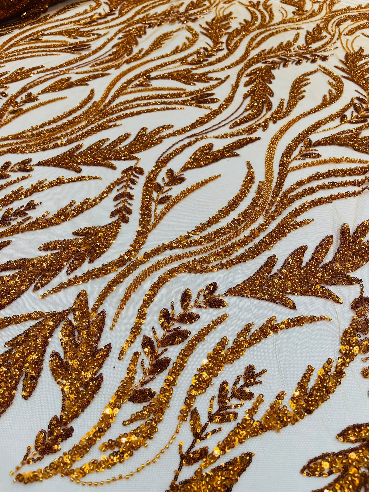 Luxury Festival Beaded Vine Lace Polyester Fabric - Heavy Beaded Mesh Lace, Double Scalloped, 50-54" Width (1 Yard)