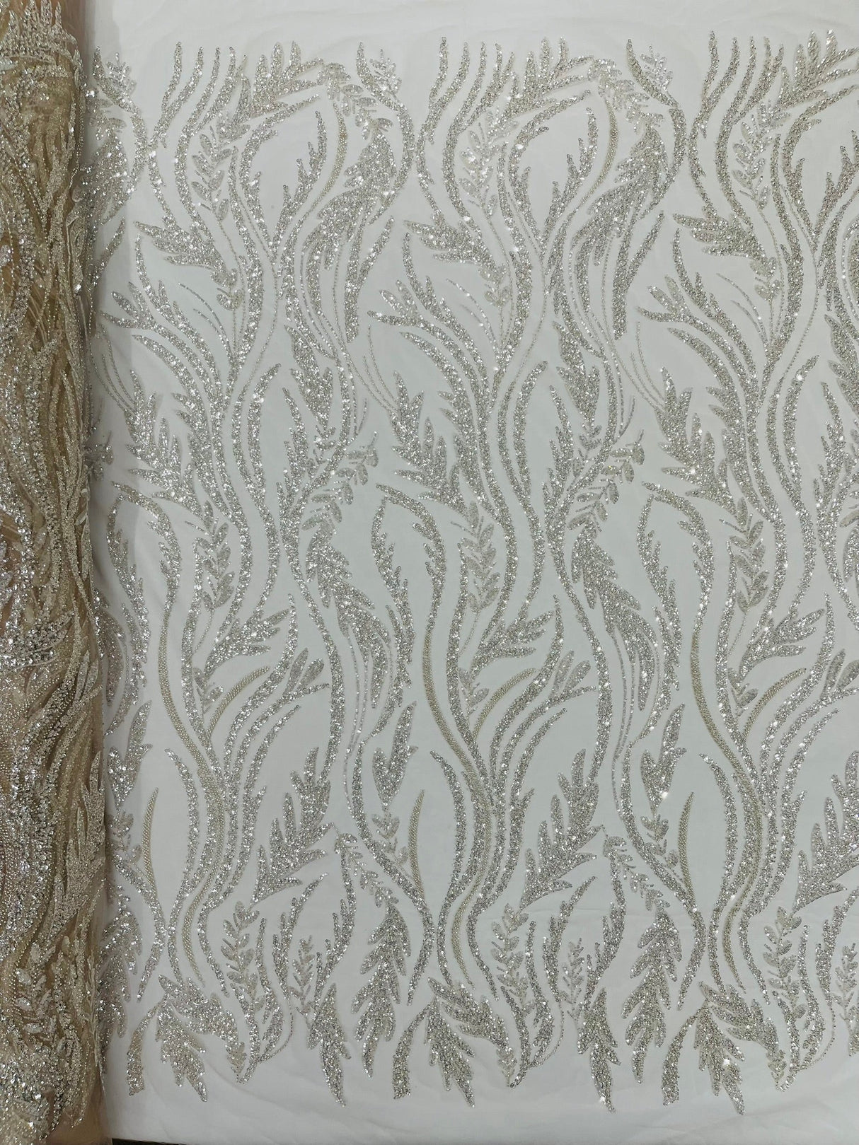Luxury Festival Beaded Vine Lace Polyester Fabric - Heavy Beaded Mesh Lace, Double Scalloped, 50-54" Width (1 Yard)