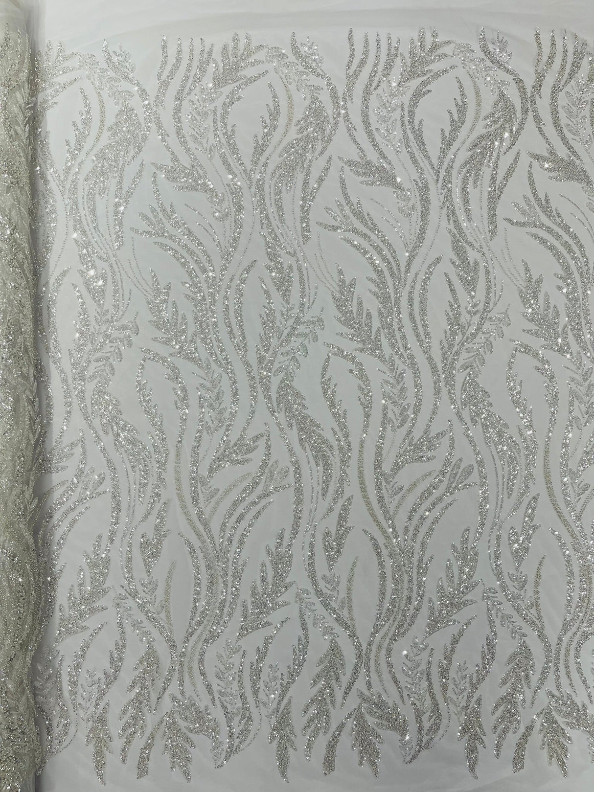 Luxury Festival Beaded Vine Lace Polyester Fabric - Heavy Beaded Mesh Lace, Double Scalloped, 50-54" Width (1 Yard)