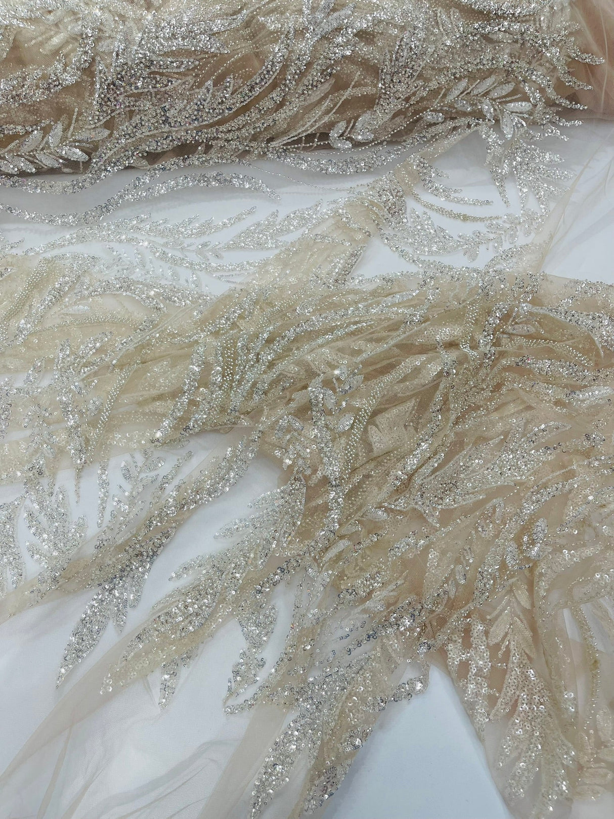 Luxury Festival Beaded Vine Lace Polyester Fabric - Heavy Beaded Mesh Lace, Double Scalloped, 50-54" Width (1 Yard)