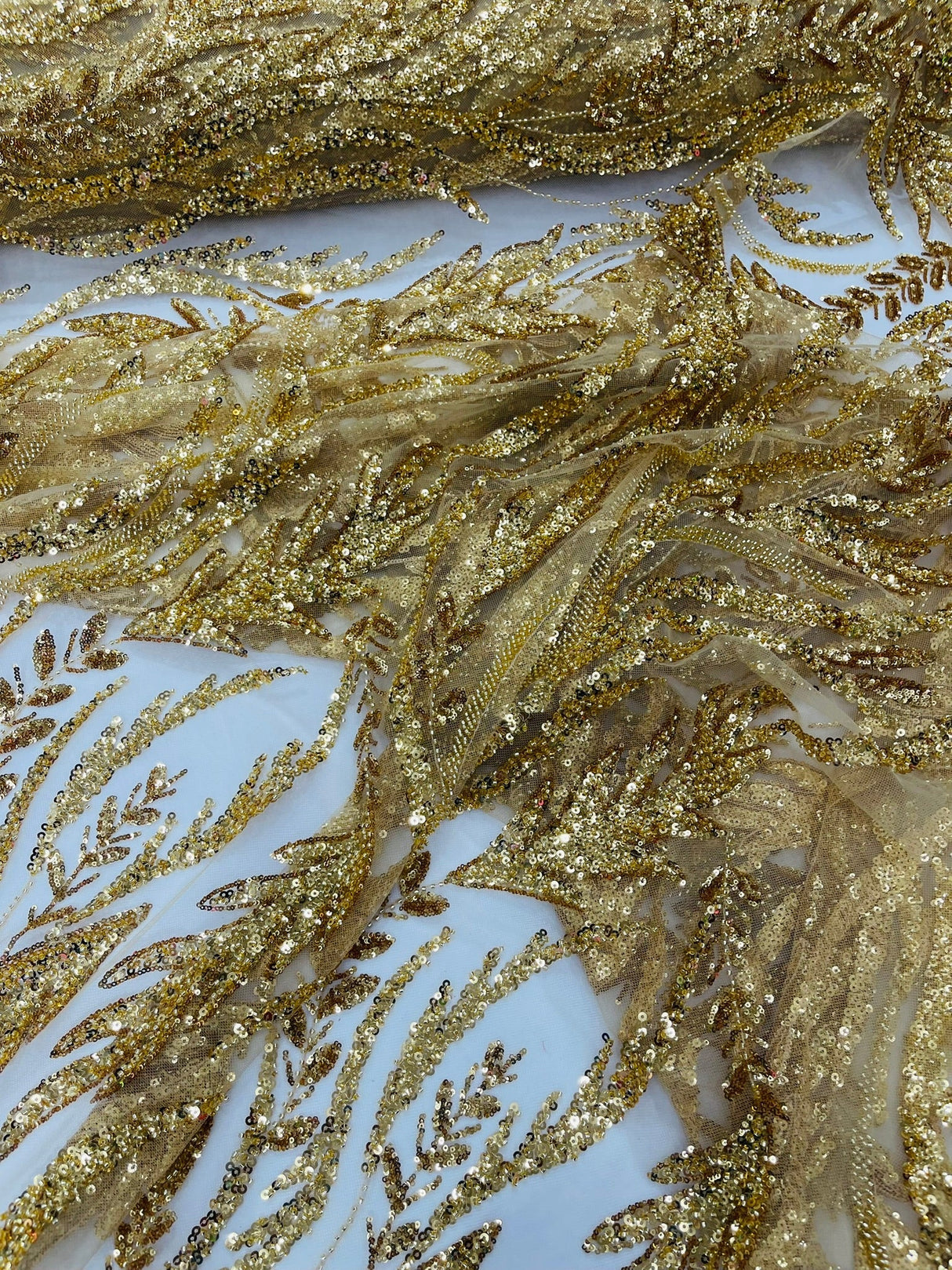 Luxury Festival Beaded Vine Lace Polyester Fabric - Heavy Beaded Mesh Lace, Double Scalloped, 50-54" Width (1 Yard)