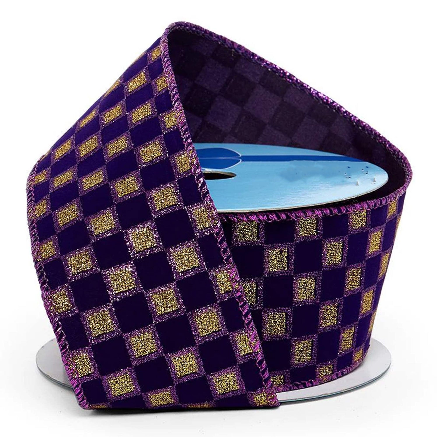 Sparkling Checkered Print On Velvet Wired Ribbon 2 1/2 '' X 10 yd Gold / Purple Color 1 / roll