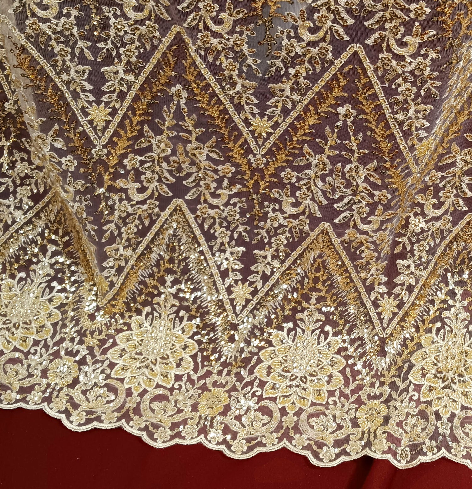 1 Yard Beaded and Sequined Lace Fabric Embroidered on Polyester Net Mesh 52 inch Width