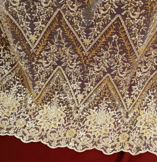 1 Yard Beaded and Sequined Lace Fabric Embroidered on Polyester Net Mesh 52 inch Width