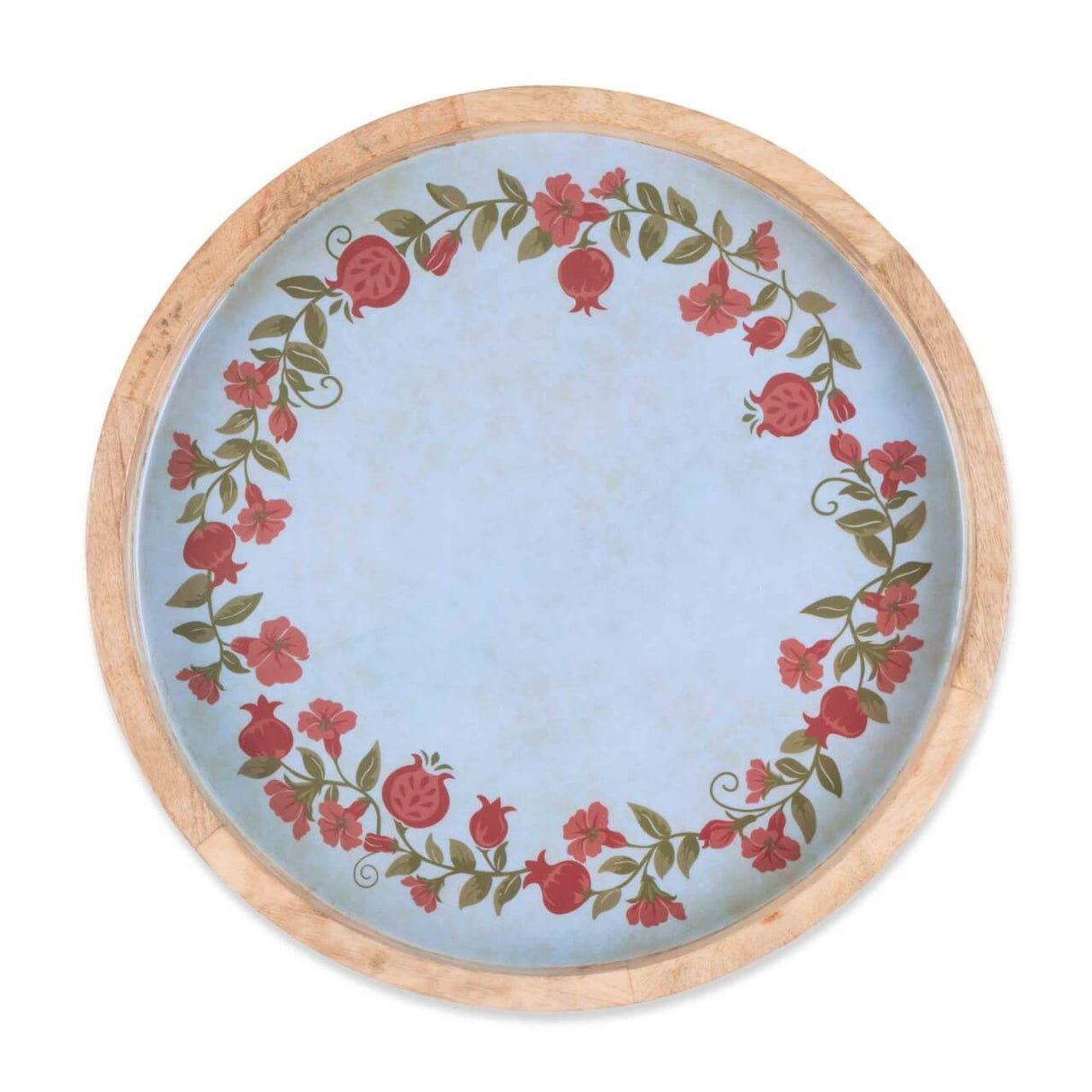 15" Mango Wood Pomegranate Wreath Serving Tray Decorative Centerpiece Board for Kitchen and Table Display