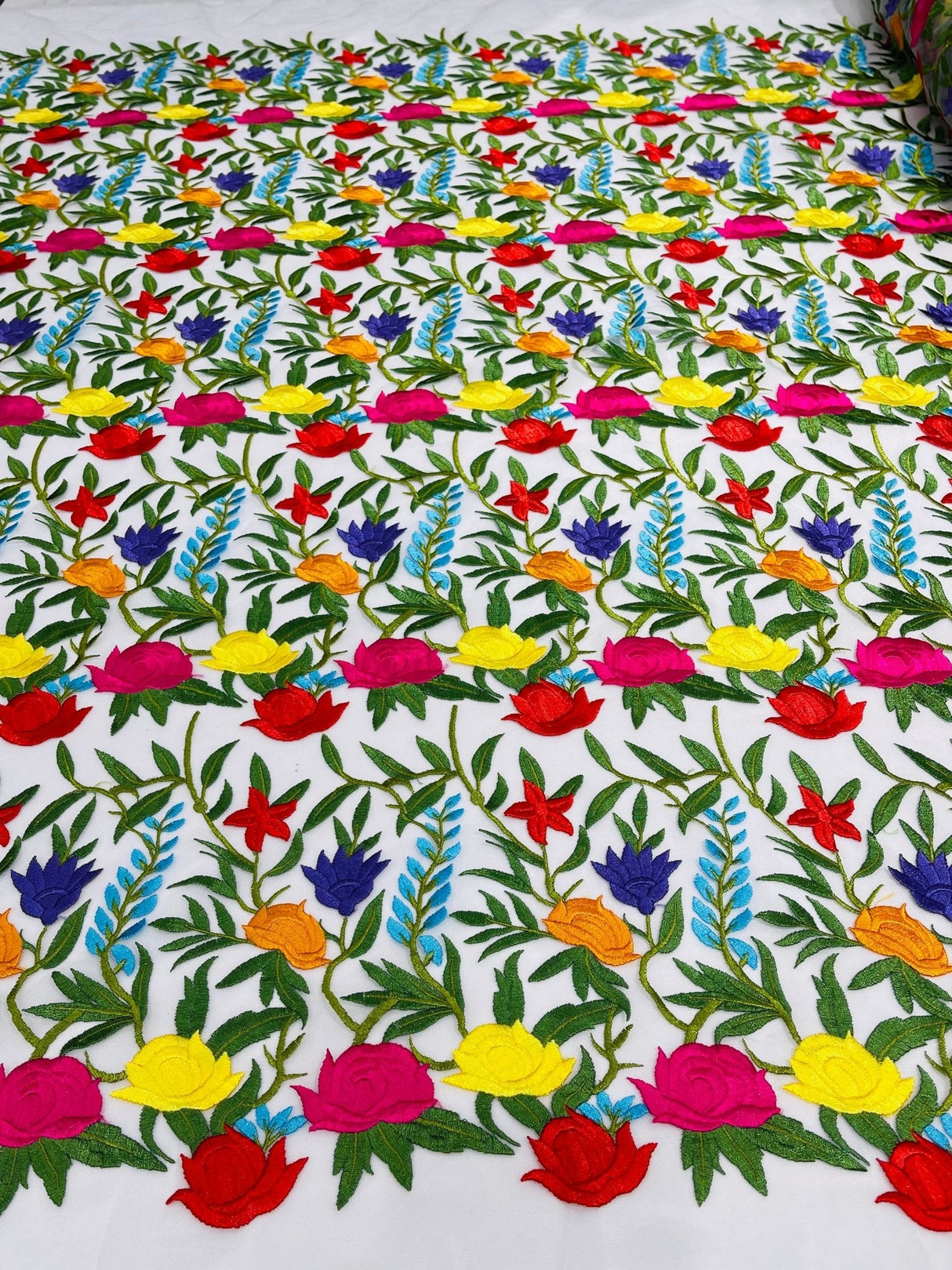 Maria Multi Color Mexican Sarape Floral Design Embroidered Mesh Lace Fabric - Multi Color Floral, Ivory Mesh, 54" Width (1 Yard)