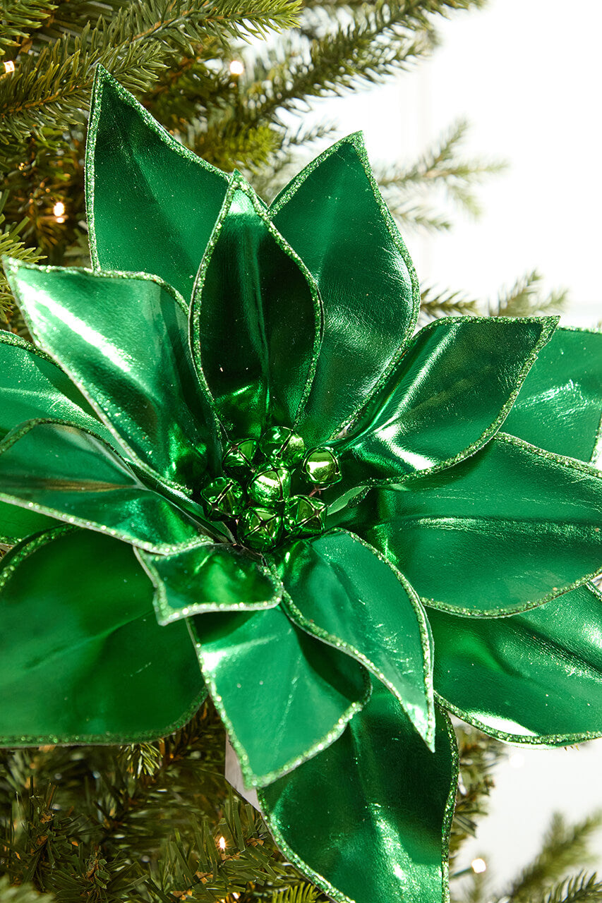 24" Green Retro Poinsettia Stem with Jingle Bells