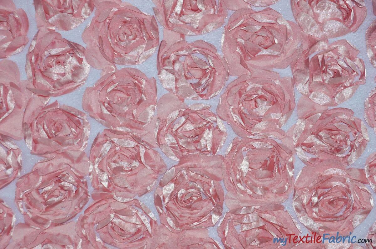 Rosette Satin Bordeaux Polyester Fabric - 3D Floral Satin Embroidered On A Mesh, Bordeaux, 52" Width (1 Yard)