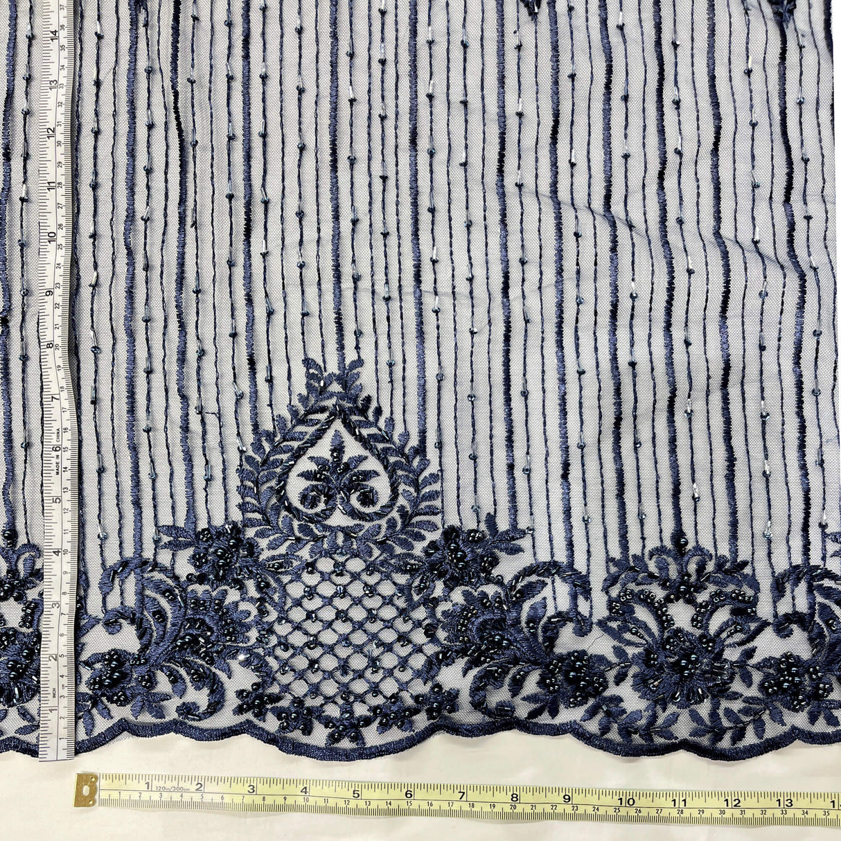 Beaded Lace Fabric - Embroidered 100 Percent Polyester Net Mesh, Floral Baroque Scalloped Edge, 52" Width (1 Yard)