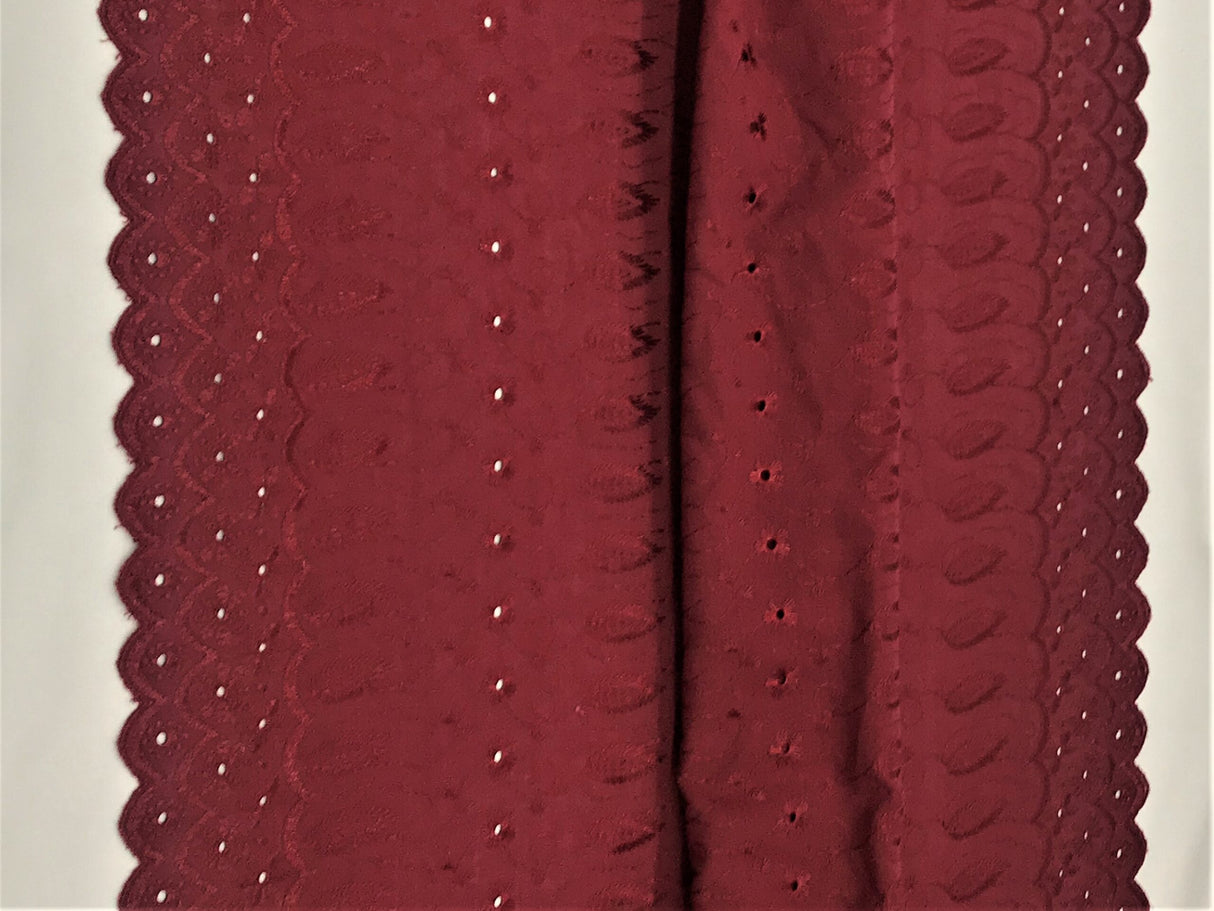 Burgundy Medium Eyelet Polyester Cotton Fabric - Burgundy, Small Eyelets, 41"- 42" Width