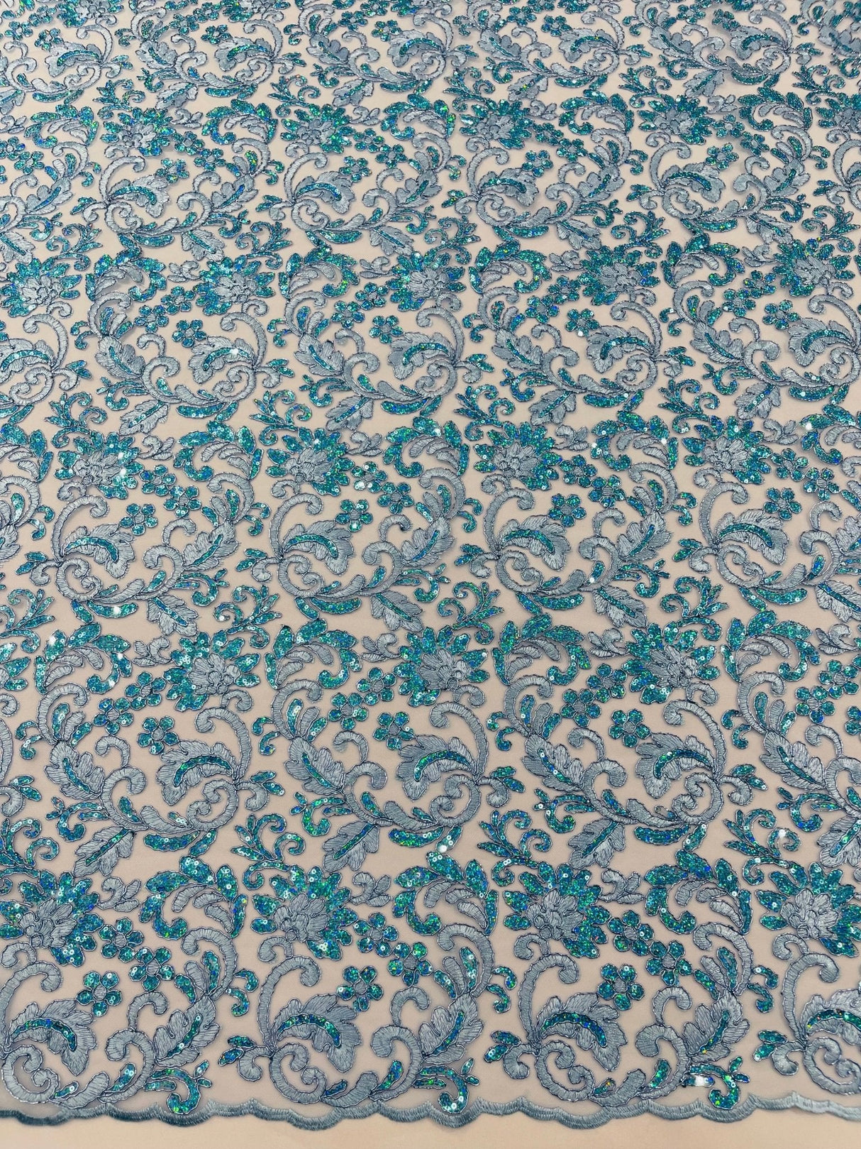 Metallic Corded Lace Design Embroidered Lace Fabric - Metallic Floral Sequins, 54" Width (1 Yard)