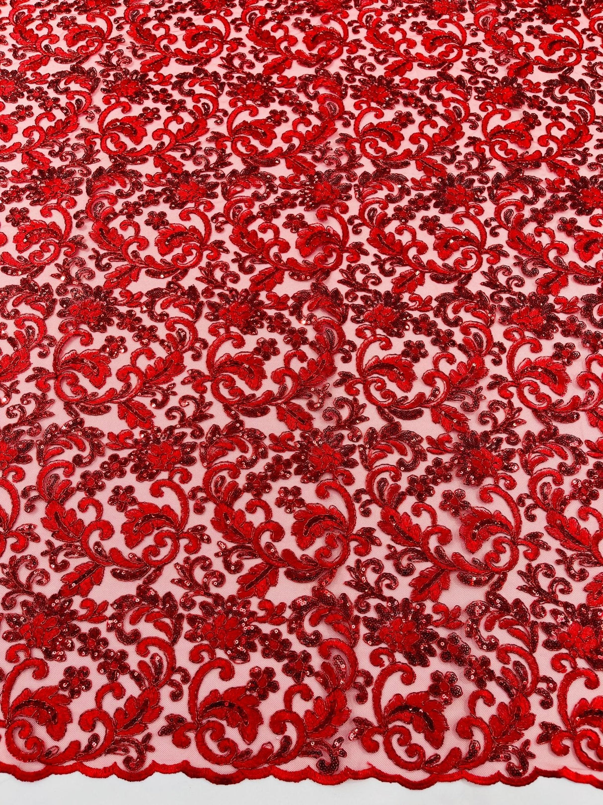 Metallic Corded Lace Design Embroidered Lace Fabric - Metallic Floral Sequins, 54" Width (1 Yard)