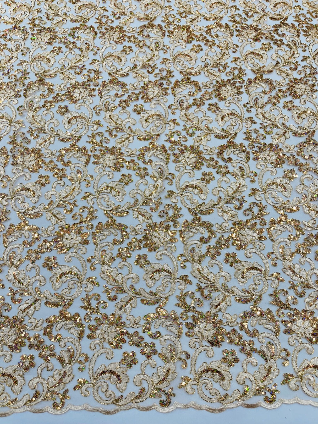 Metallic Corded Lace Design Embroidered Lace Fabric - Metallic Floral Sequins, 54" Width (1 Yard)