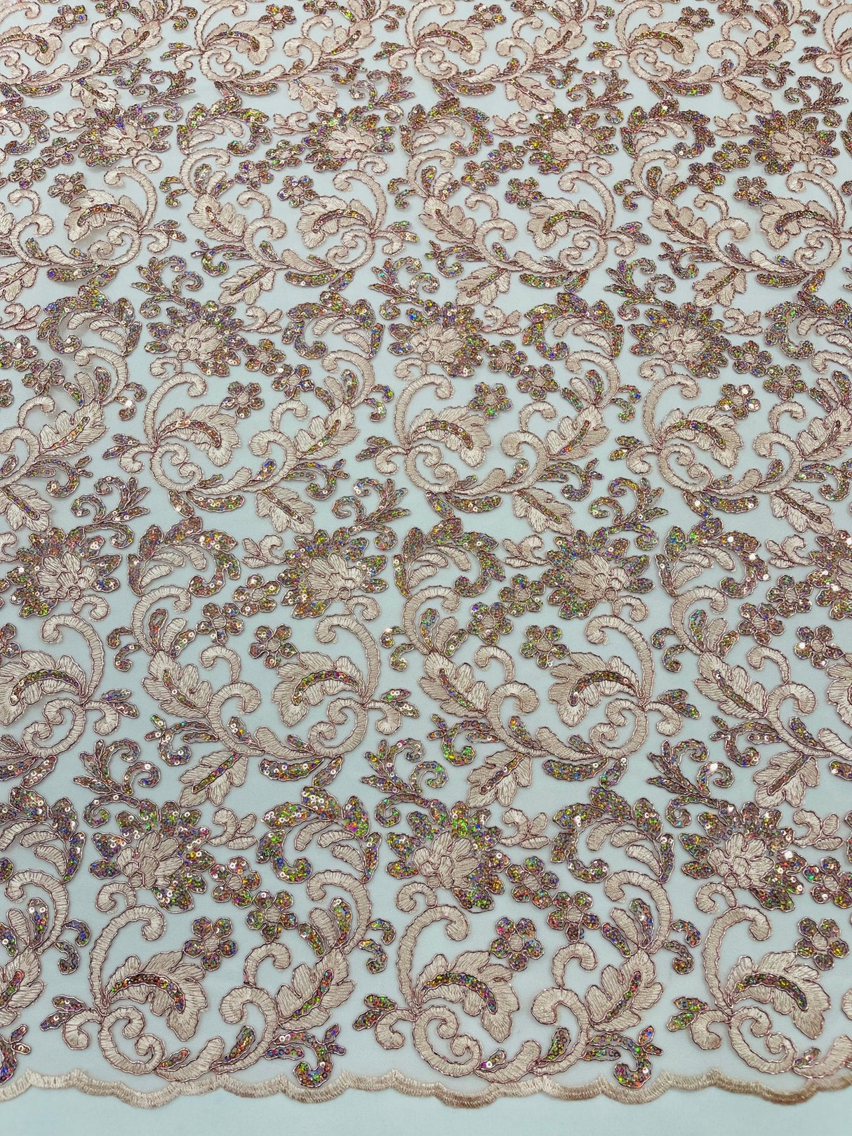 Metallic Corded Lace Design Embroidered Lace Fabric - Metallic Floral Sequins, 54" Width (1 Yard)