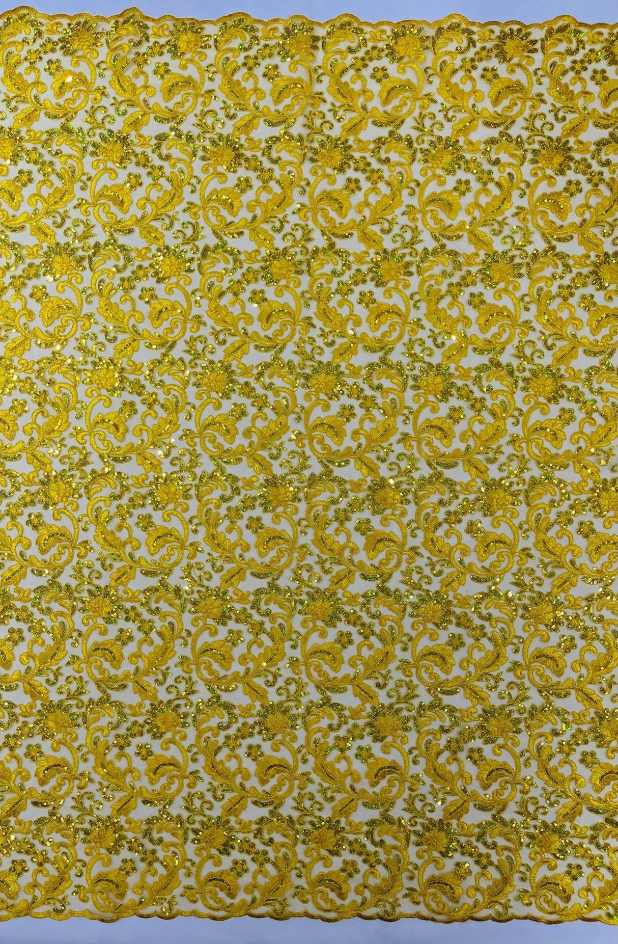 Metallic Corded Lace Design Embroidered Lace Fabric - Metallic Floral Sequins, 54" Width (1 Yard)