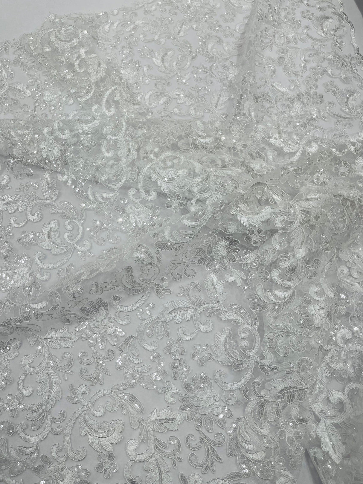 Metallic Corded Lace Design Embroidered Lace Fabric - Metallic Floral Sequins, 54" Width (1 Yard)