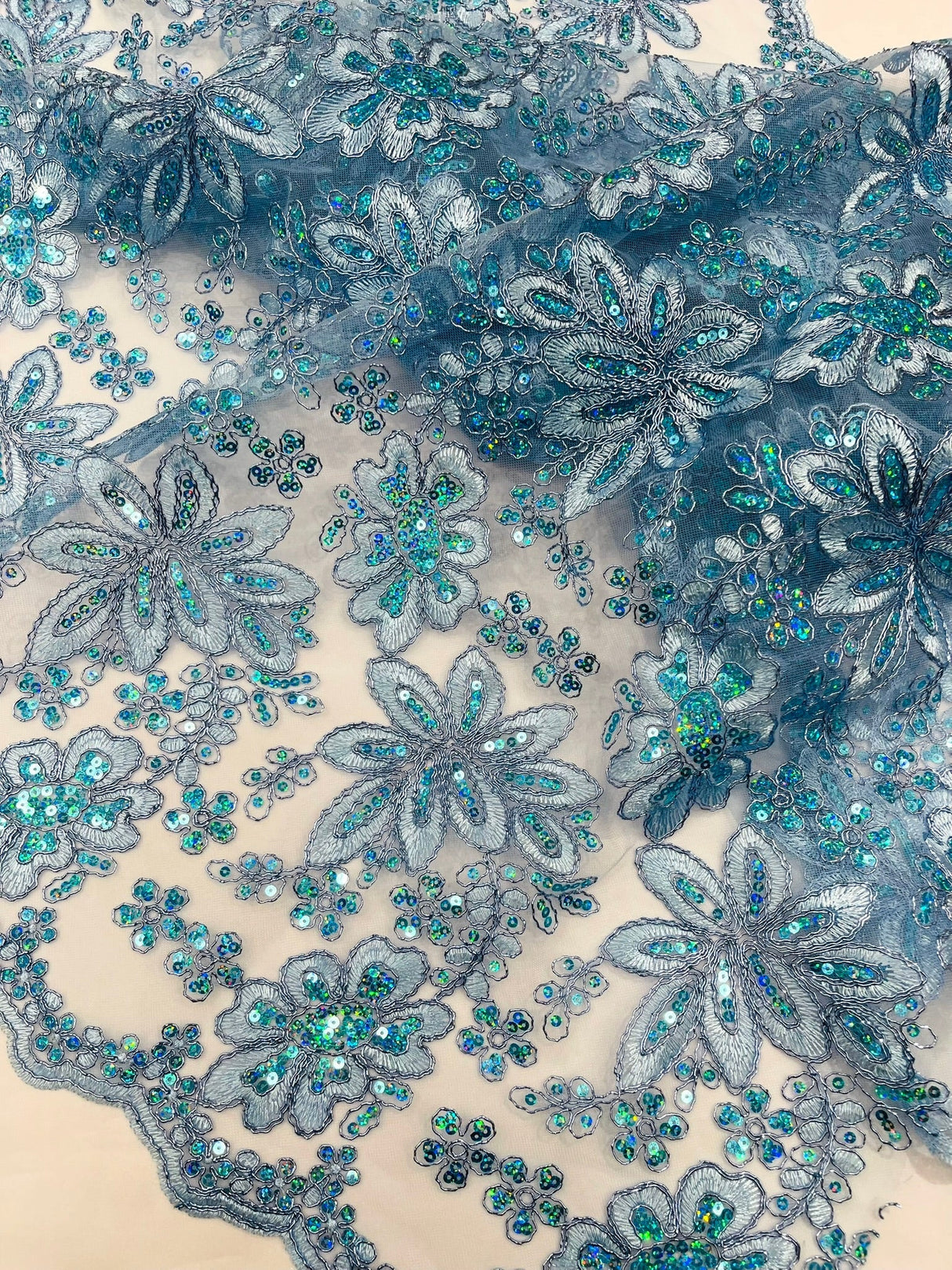 Metallic Floral Lace Design Embroidered Polyester Fabric - Floral Lace, 54" Width (1 Yard)