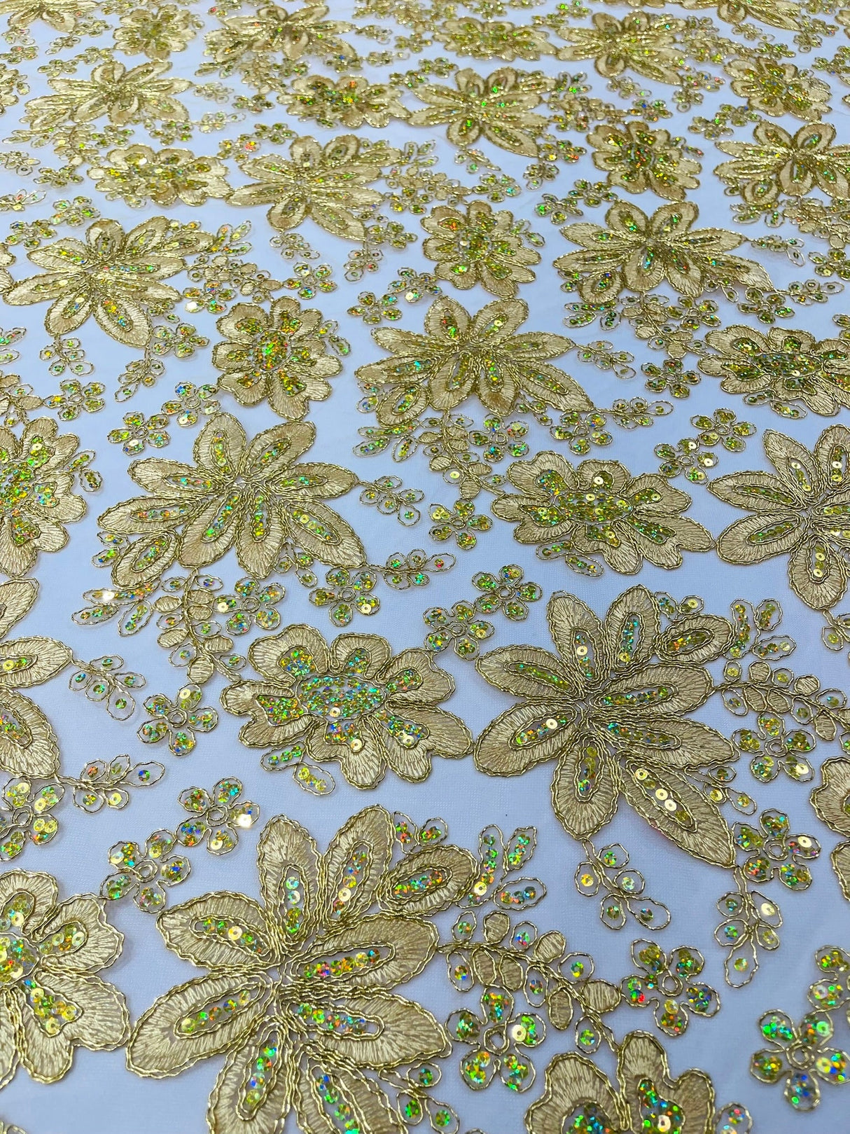 Metallic Floral Lace Design Embroidered Polyester Fabric - Floral Lace, 54" Width (1 Yard)