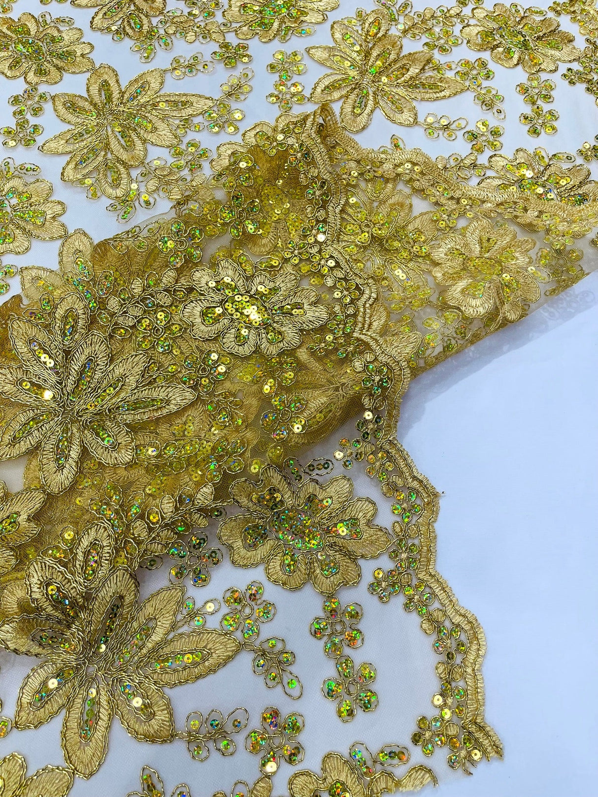 Metallic Floral Lace Design Embroidered Polyester Fabric - Floral Lace, 54" Width (1 Yard)