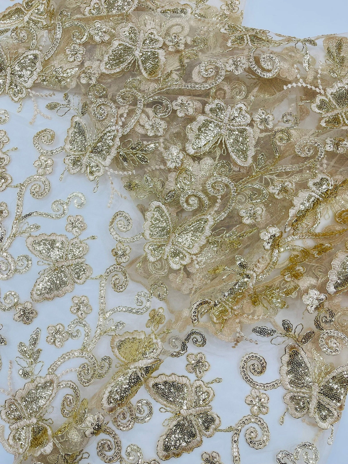 Metallic Lace Fabric - Embroidered Butterfly Vines With Sequins, 54" Width (1 Yard)