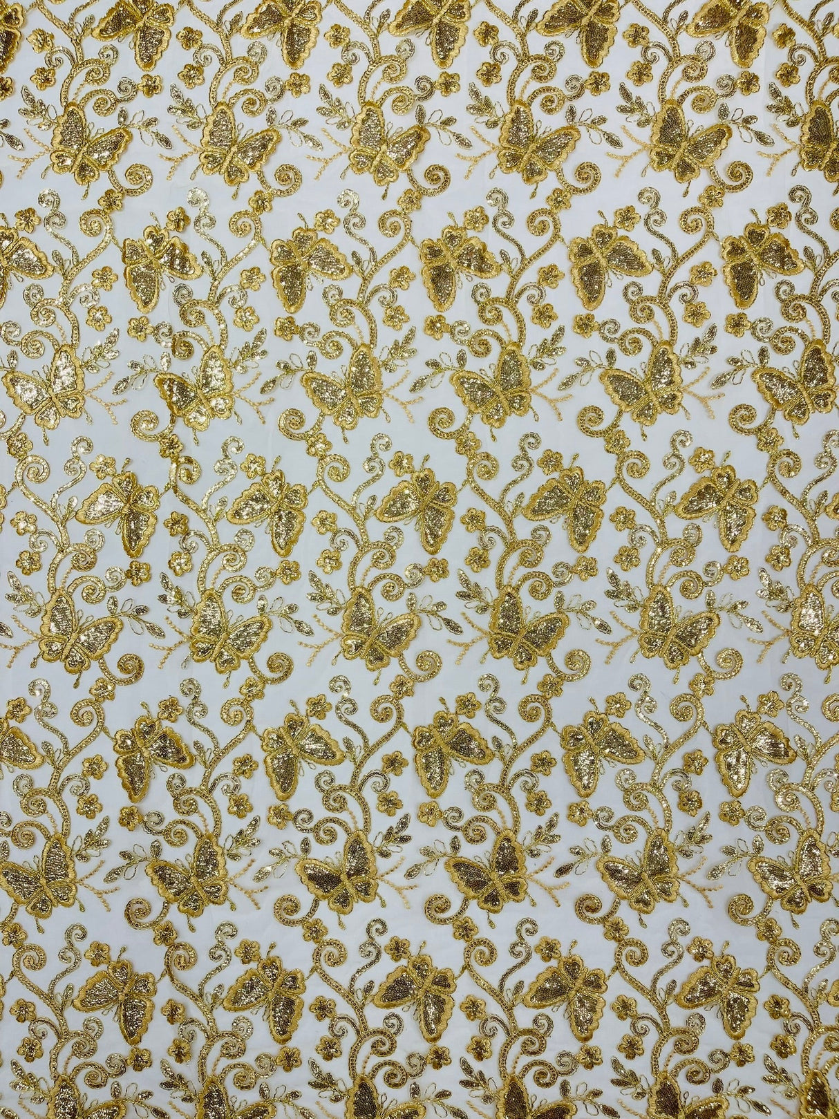 Metallic Lace Fabric - Embroidered Butterfly Vines With Sequins, 54" Width (1 Yard)