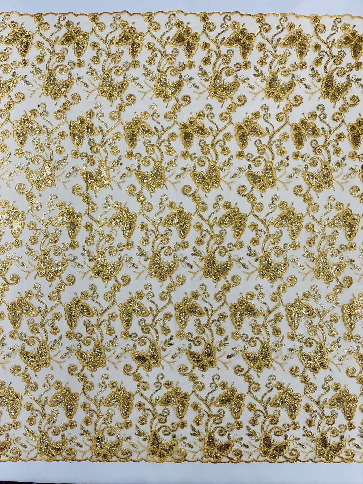 Metallic Lace Fabric - Embroidered Butterfly Vines With Sequins, 54" Width (1 Yard)