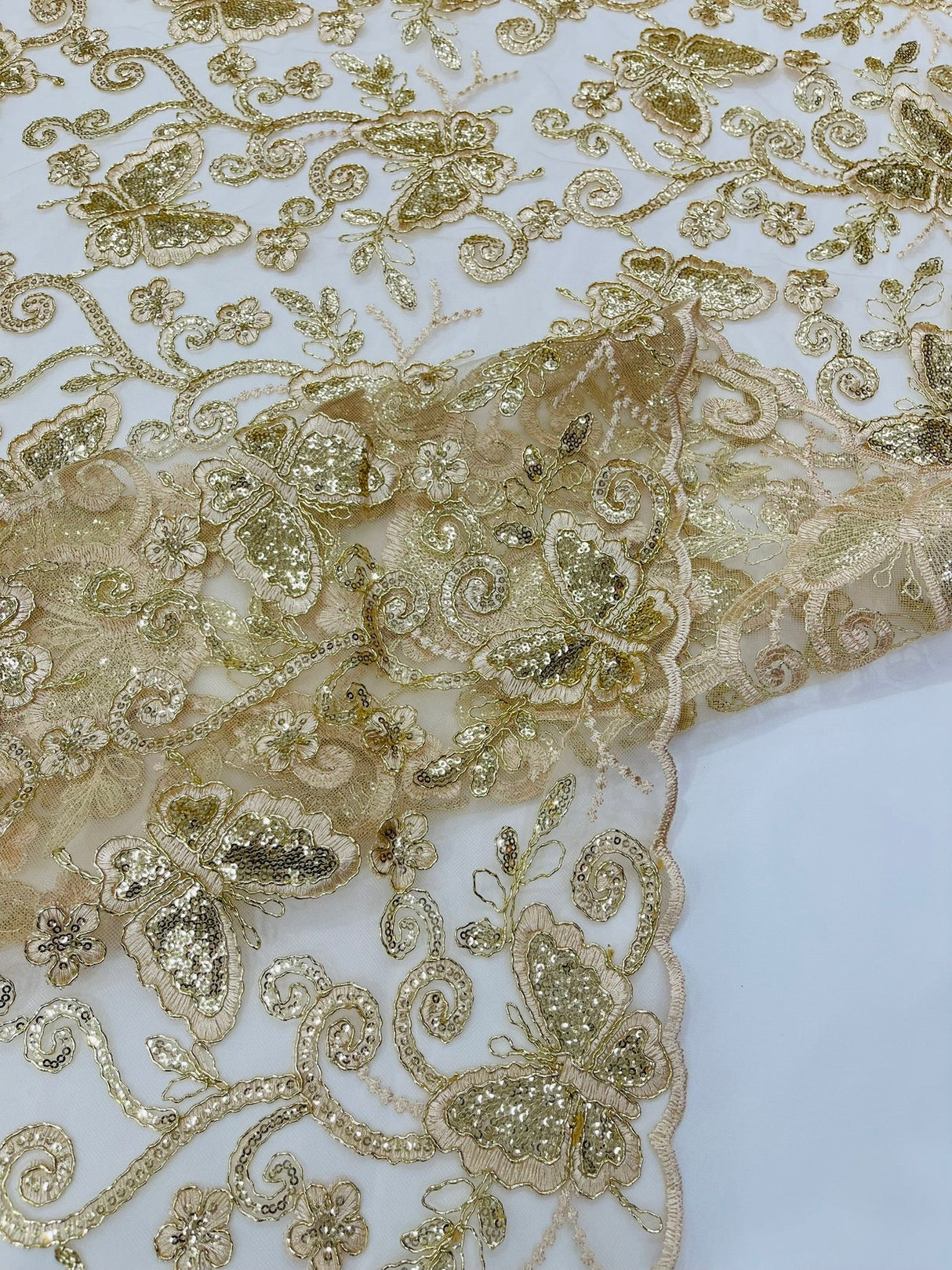 Metallic Lace Fabric - Embroidered Butterfly Vines With Sequins, 54" Width (1 Yard)