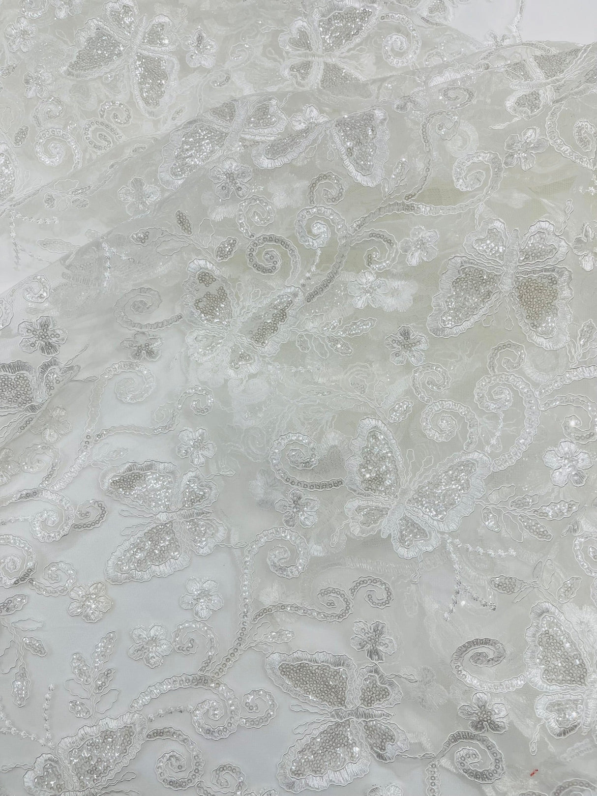 Metallic Lace Fabric - Embroidered Butterfly Vines With Sequins, 54" Width (1 Yard)