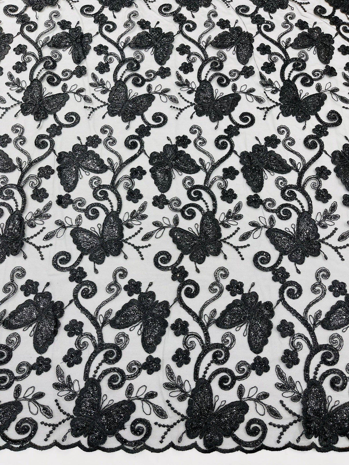 Metallic Lace Fabric - Embroidered Butterfly Vines With Sequins, 54" Width (1 Yard)