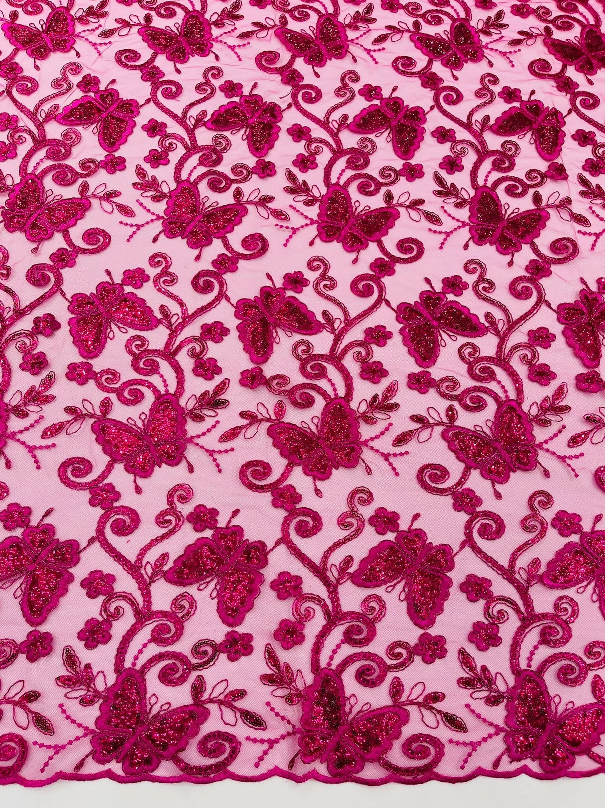 Metallic Lace Fabric - Embroidered Butterfly Vines With Sequins, 54" Width (1 Yard)