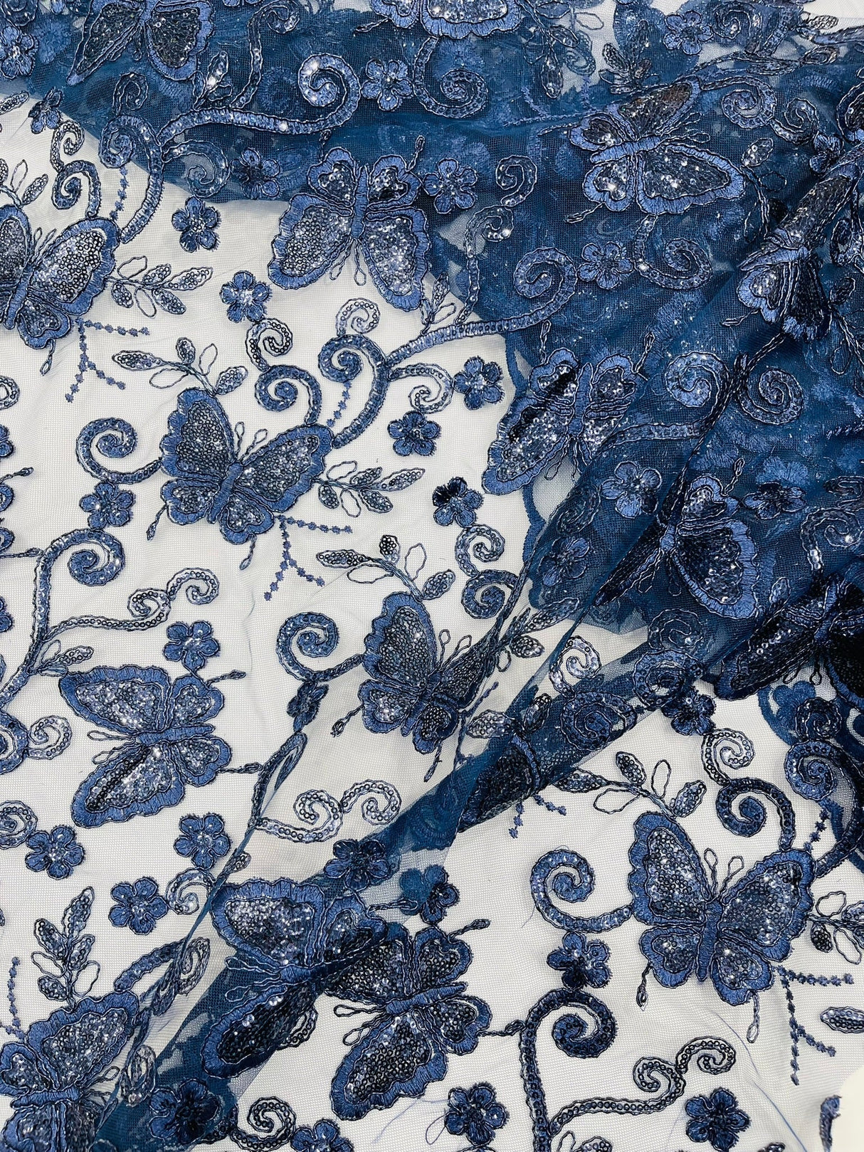 Metallic Lace Fabric - Embroidered Butterfly Vines With Sequins, 54" Width (1 Yard)