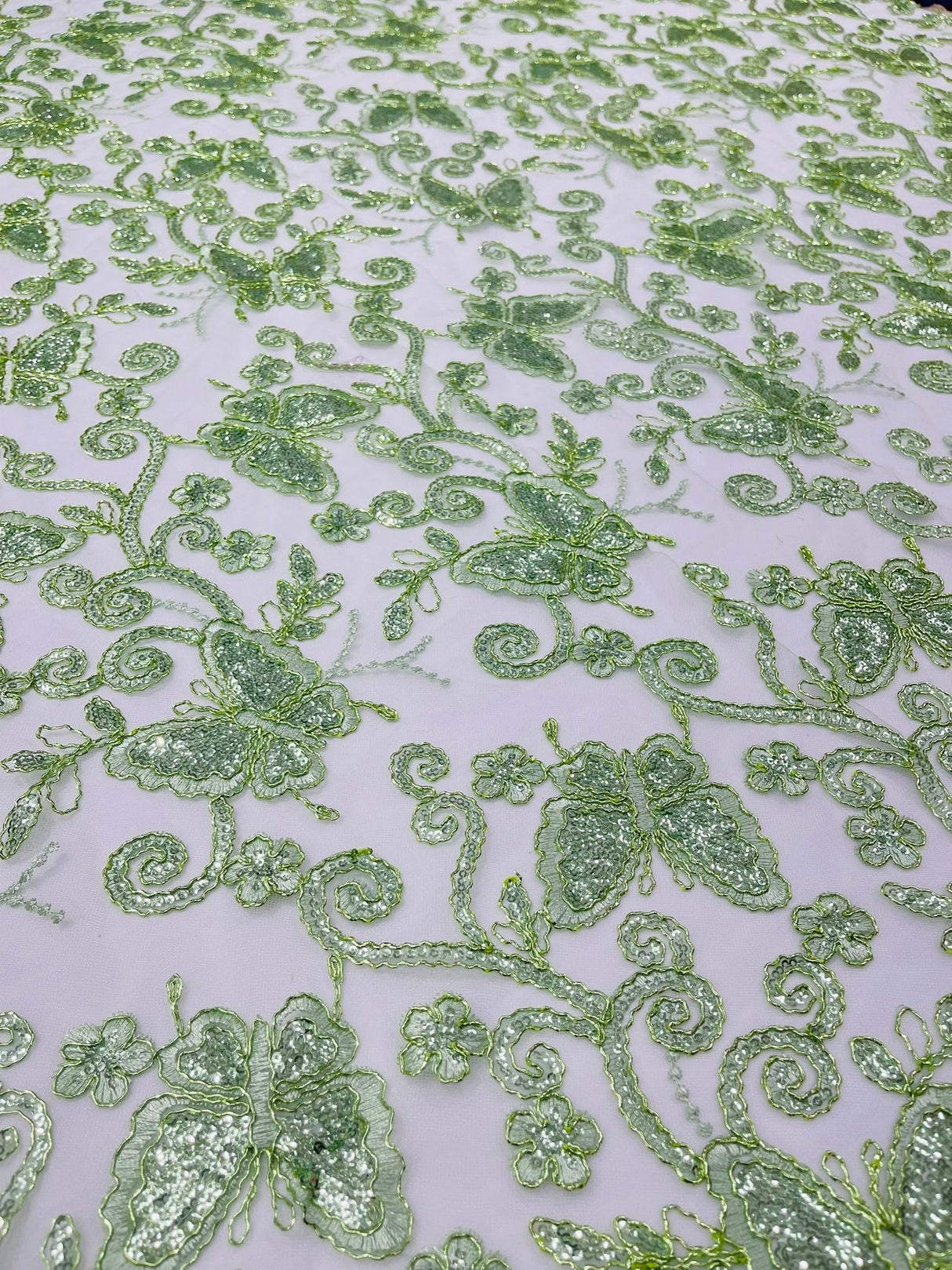 Metallic Lace Fabric - Embroidered Butterfly Vines With Sequins, 54" Width (1 Yard)
