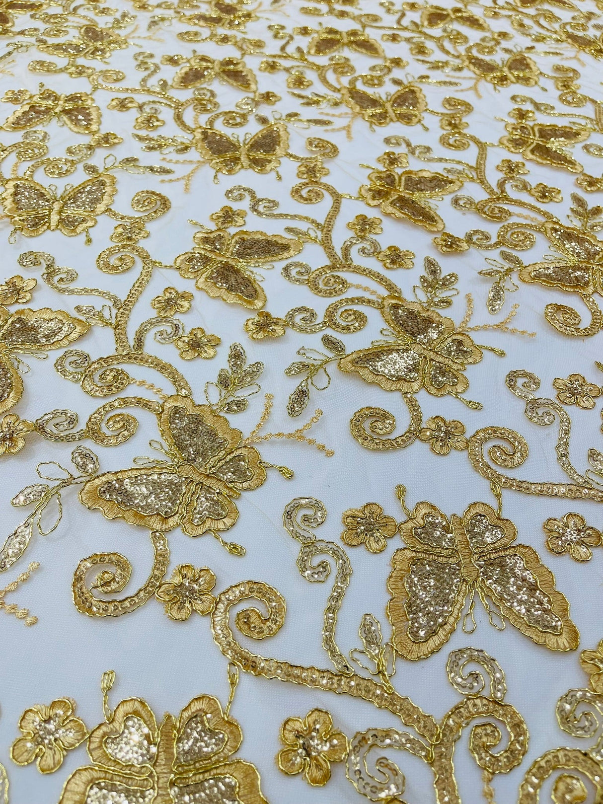 Metallic Lace Fabric - Embroidered Butterfly Vines With Sequins, 54" Width (1 Yard)
