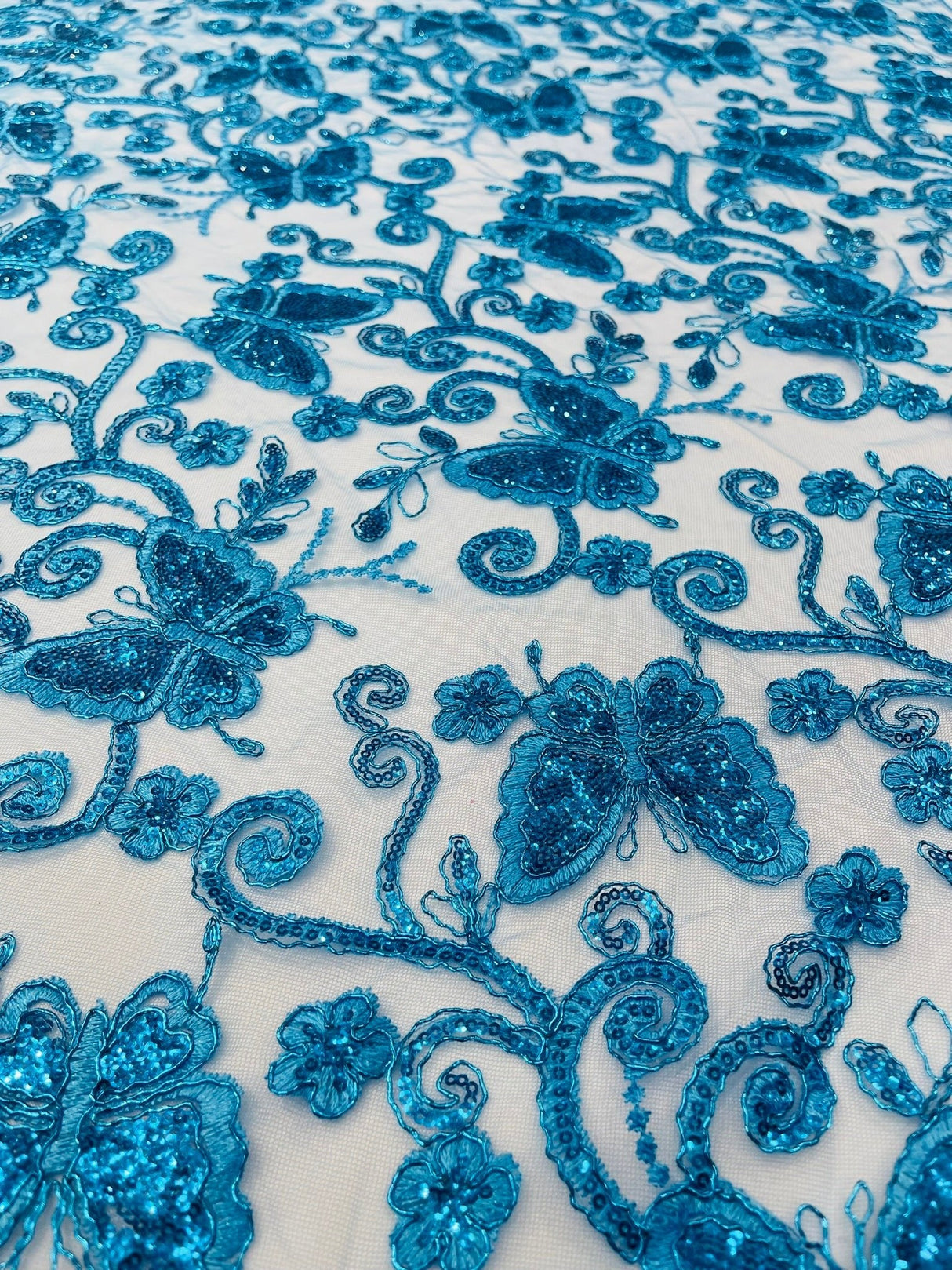 Metallic Lace Fabric - Embroidered Butterfly Vines With Sequins, 54" Width (1 Yard)