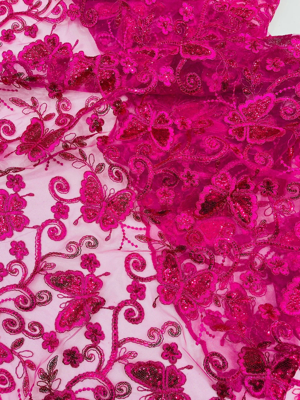 Metallic Lace Fabric - Embroidered Butterfly Vines With Sequins, 54" Width (1 Yard)