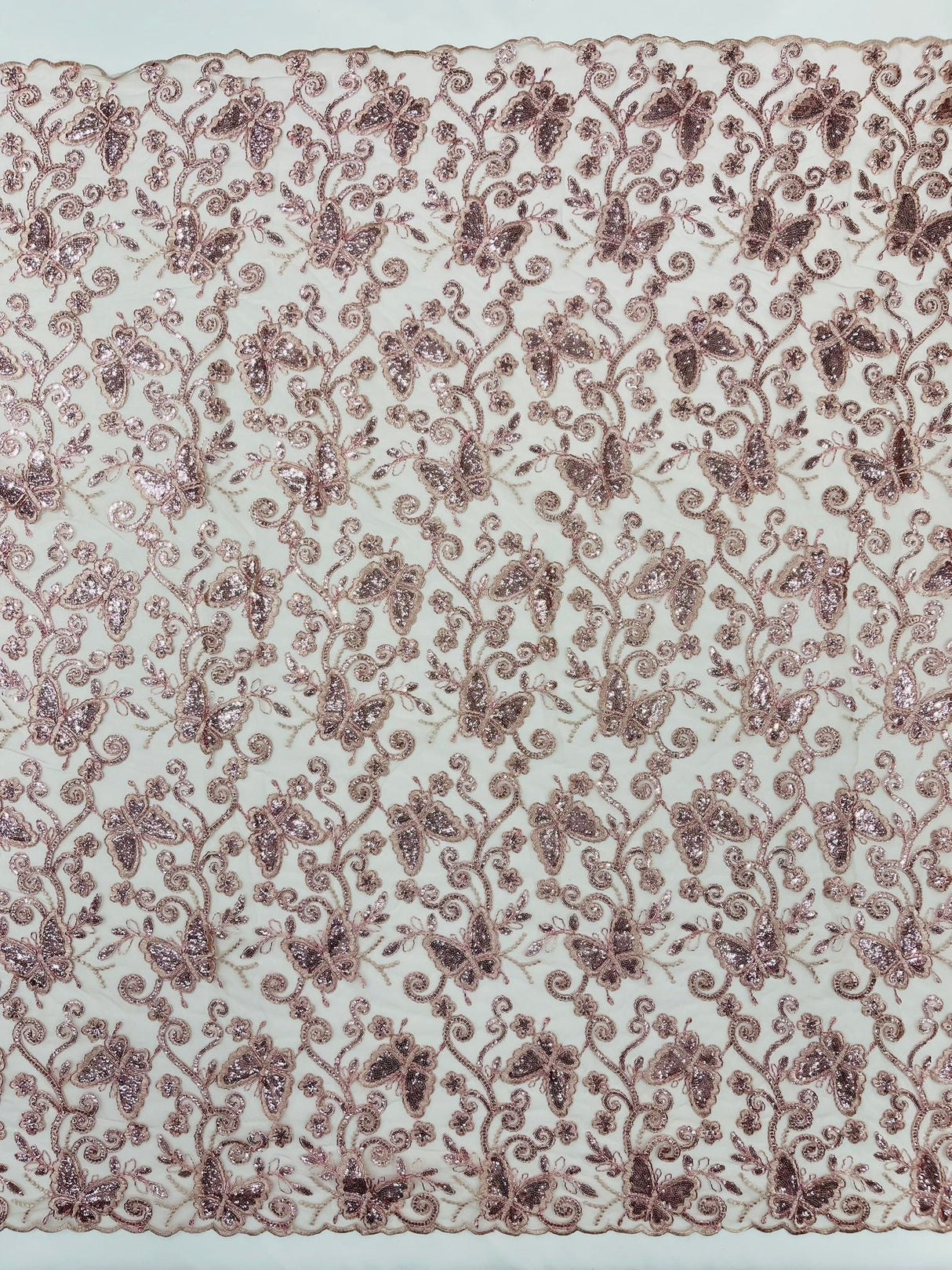 Metallic Lace Fabric - Embroidered Butterfly Vines With Sequins, 54" Width (1 Yard)