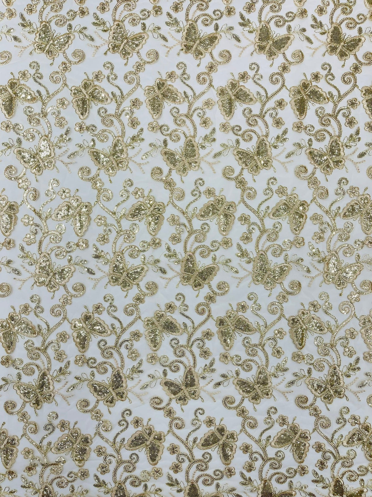 Metallic Lace Fabric - Embroidered Butterfly Vines With Sequins, 54" Width (1 Yard)