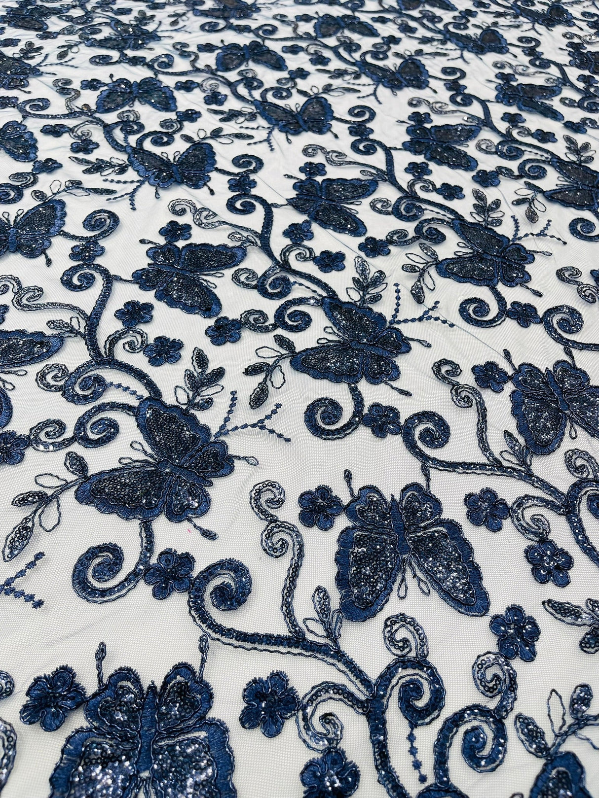 Metallic Lace Fabric - Embroidered Butterfly Vines With Sequins, 54" Width (1 Yard)