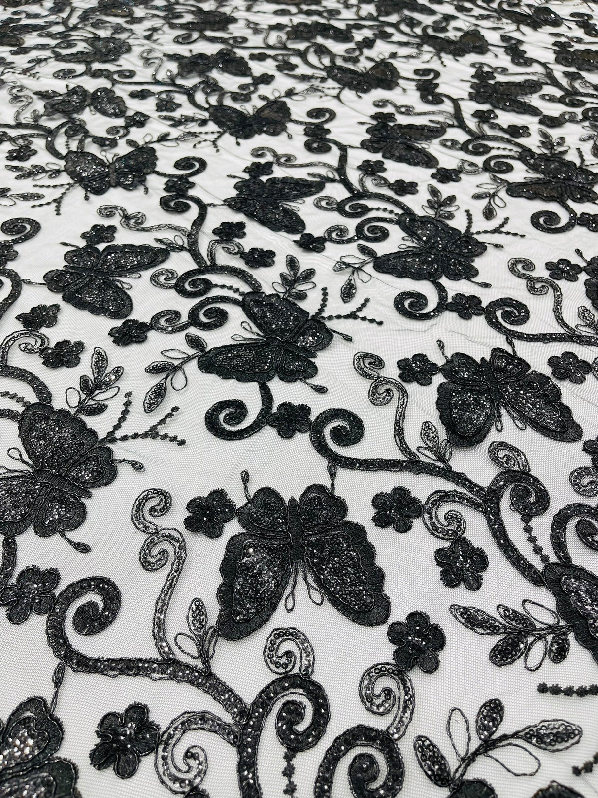 Metallic Lace Fabric - Embroidered Butterfly Vines With Sequins, 54" Width (1 Yard)
