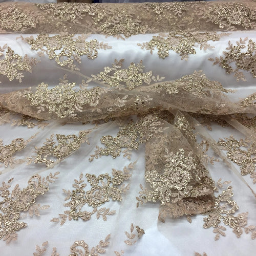 Metallic Gold Sequin Lace Fabric With Embroideries On Mesh - Metallic Gold, Embroidered Mesh, 54" Width