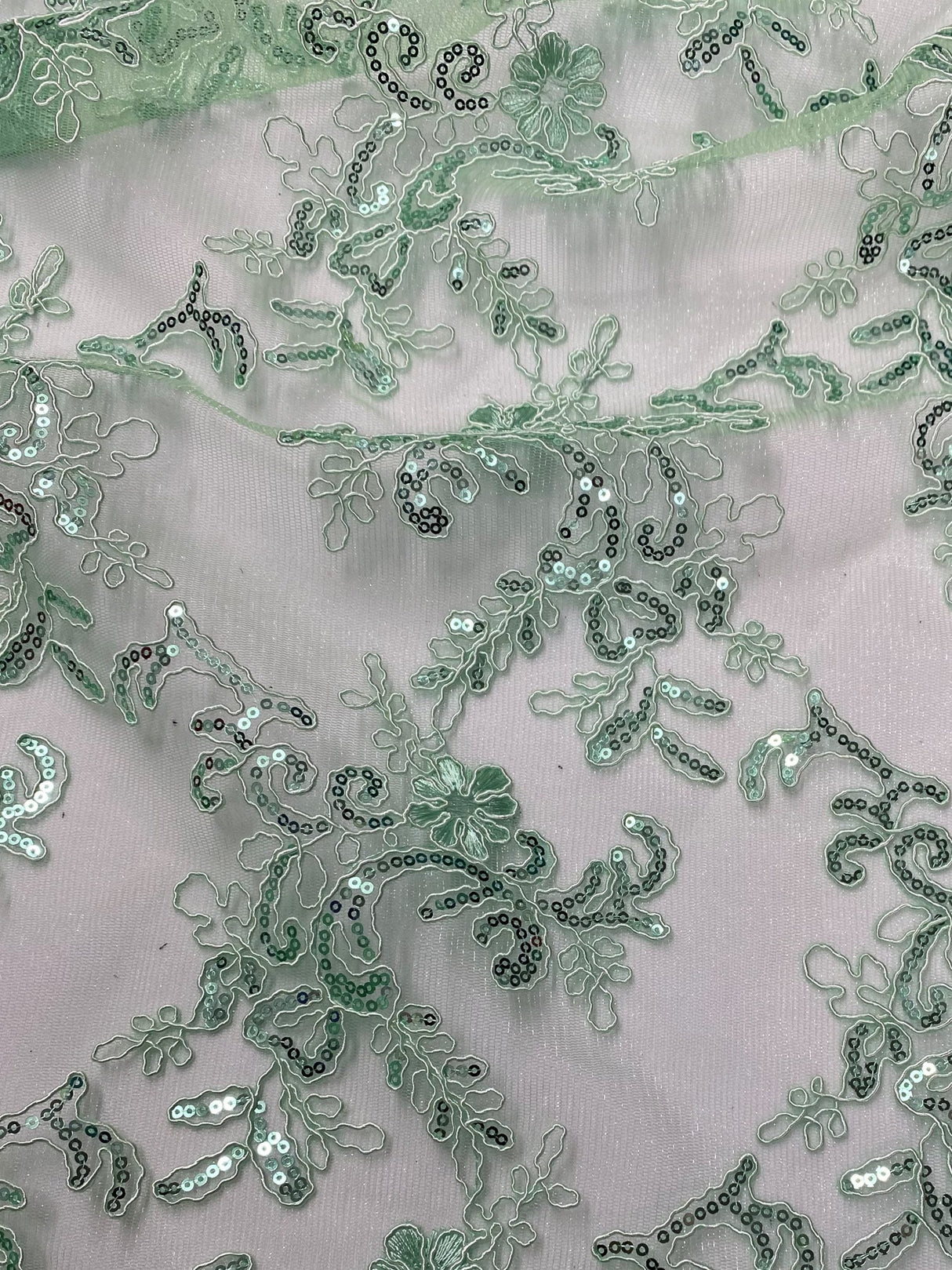 Elena's Lace Polyester Lace Fabric - Mint Green Corded Mesh Embroidered With Sequins, Double Scalloped Edge, 54" Width (1 Yard)